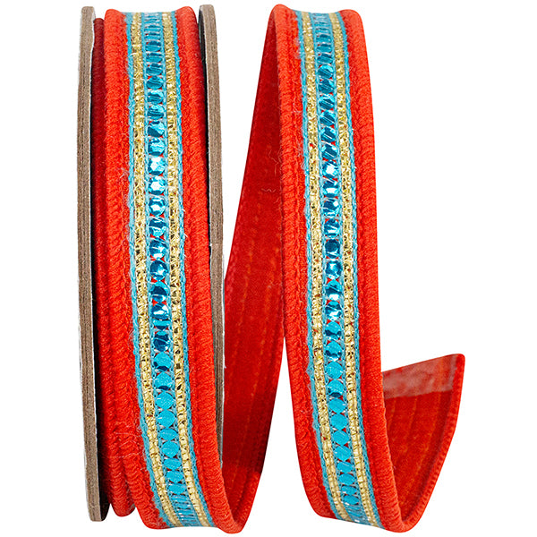 5/8" Orange | Turquoise | Sequin Trim | Striped Edge | Dupioni Deluxe Wired Edge Ribbon | 5 Yards