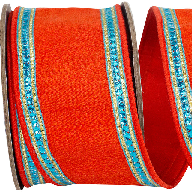 2.5" x 5 YDS Sequin Trimmed Dupioni Deluxe Ribbon | Orange & Turquoise