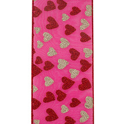 4" Glitter Hearts Silk Mesh Deluxe Wired Edge Ribbon l 10 Yards