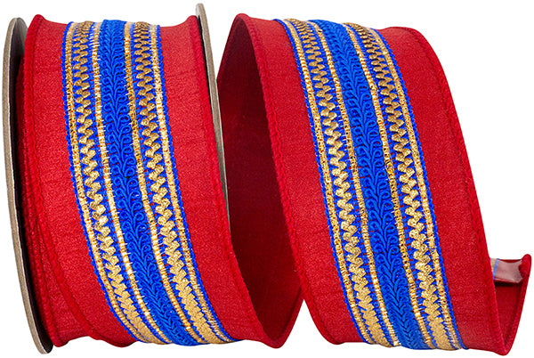 2.5" x5YDS Red & Blue & Gold Regal Stripe Dupioni Deluxe | Wired Ribbon