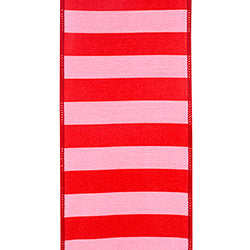 4" x 10YDS Pink & Red Cabana Stripe | Dupioni Deluxe Wired Edge Ribbon