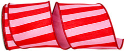 4" x 10YDS Pink & Red Cabana Stripe | Dupioni Deluxe Wired Edge Ribbon