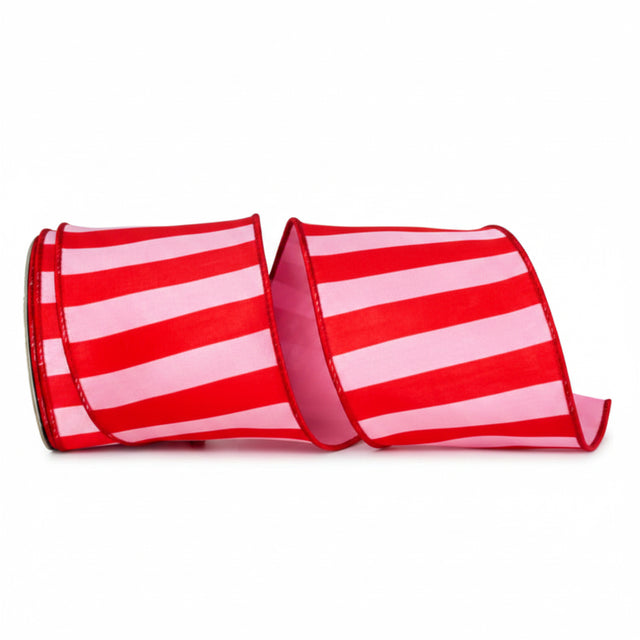 4" x 10YDS Pink & Red Cabana Stripe | Dupioni Deluxe Wired Edge Ribbon