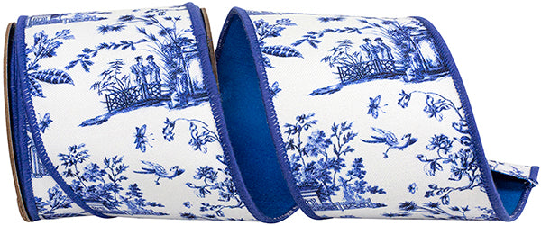 4" Blue | White | Chinoiserie | Deluxe Wired Edge Ribbon | 5 Yards