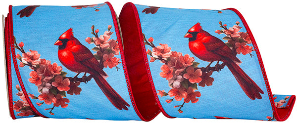 4"X10YDS Blue&Red Cardinal Blossom Deluxe Wired Ribbon