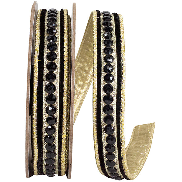 5/8"X5YDS Black&Gold Jeweled Center Plush Velvet Deluxe Metallic Dupioni Backed Wired Ribbon
