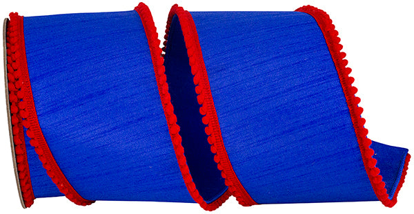 4"x5YDS Pom Pom Edge Dupioni Deluxe Trimming Ribbon | Royal, Red