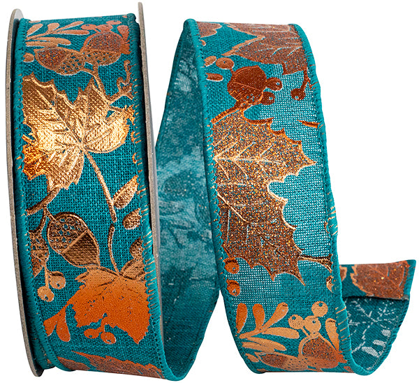 1.5"x10YDS Leaf Raised Metallic Copper Linen Wired Ribbon | Teal