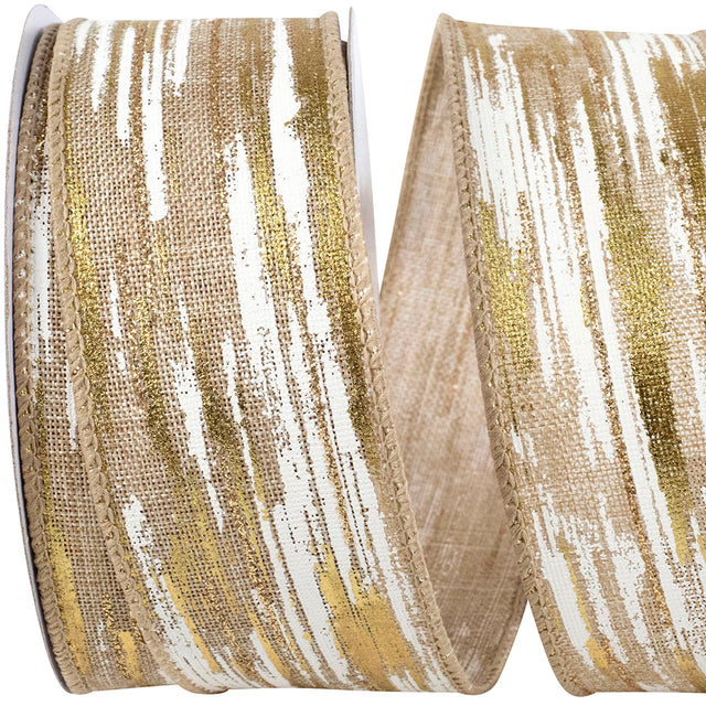 1.5" x 10 YDS Birch Bark Metallic Linen Ribbon | Ivory & Gold
