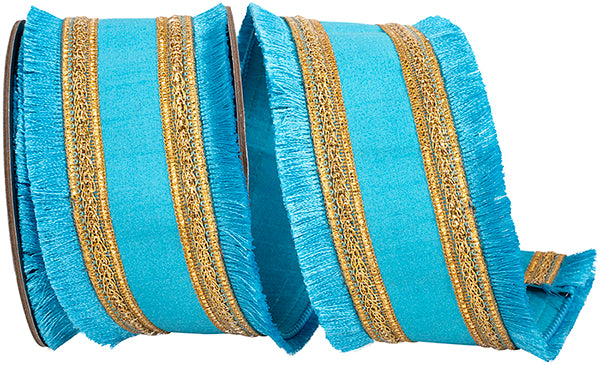 2.5"X5YDS Fringe Gilded Trimming Dupioni Fused Back Ribbon | Turquoise