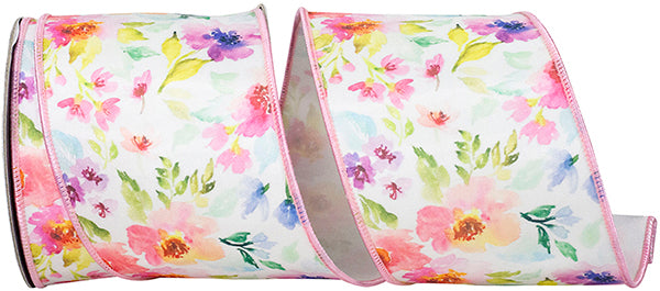 4"X10YDS Watercolor Flowers Deluxe Fused Wired Edge Ribbon