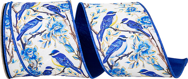 4"X10YDS Blue Bird Perched Deluxe Dupioni Backed Wired Edge Ribbon