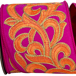 4" X 5 YD Scroll Embroidery Intertwined Wired Ribbon | Pink & Orange