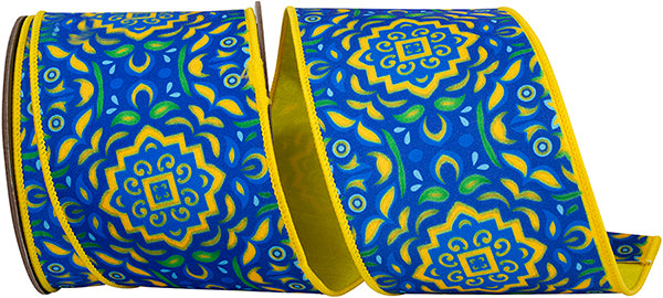 4" x 10 Yards Mosaic Mediterranean Dupioni Ribbon | Royal Blue & Yellow
