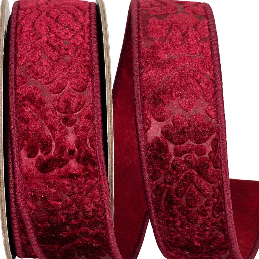 4" | 1.5" x 5 YDS Scarlet Velvet Embossed Fused Dupioni Backed Ribbon