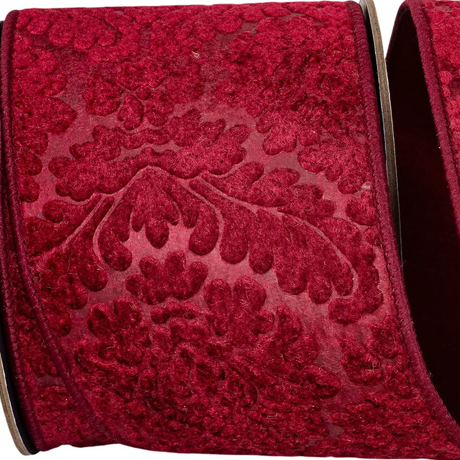4" | 1.5" x 5 YDS Scarlet Velvet Embossed Fused Dupioni Backed Ribbon