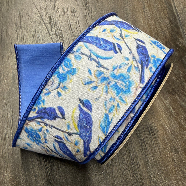 2.5"X10YDS Blue Bird Perched Deluxe Dupioni Backed Wired Edge Ribbon