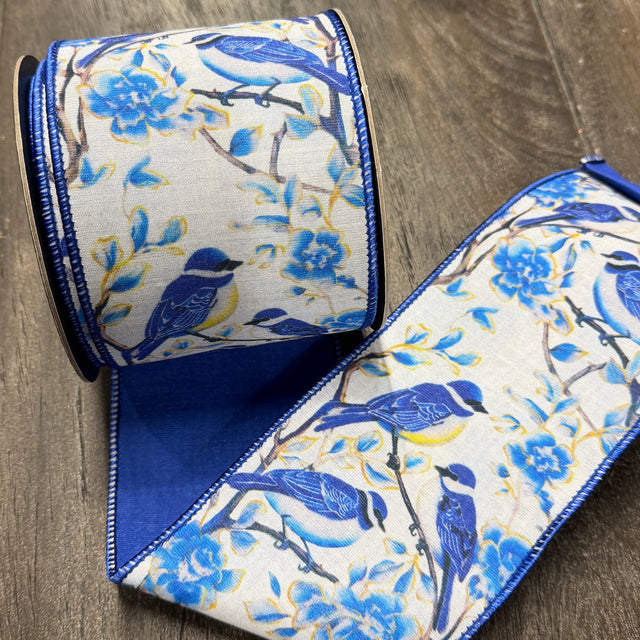 4"X10YDS Blue Bird Perched Deluxe Dupioni Backed Wired Edge Ribbon