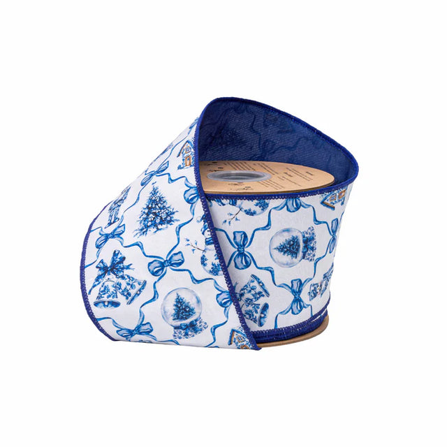 4" x 10YDS Christmas Icons & Bows with Blue Backing Ribbon