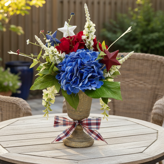 Decorative floral arrangement with red, white, and blue flowers on a wooden table outdoors.