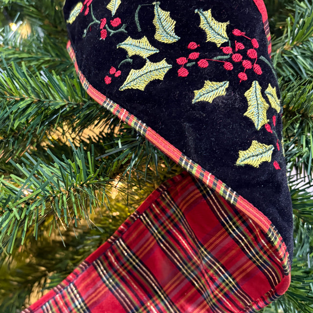 4"x5YDS Black Velvet Holly Leaf Velour Tartan Back Ribbon