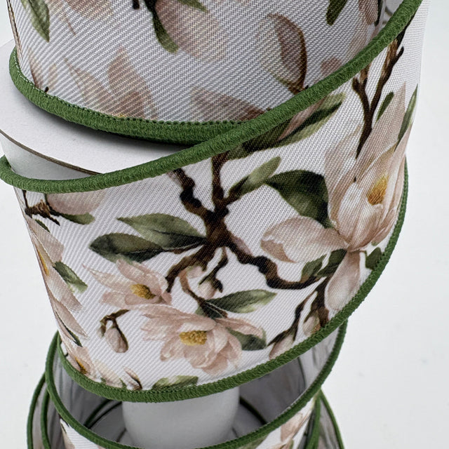 2.5"X10YDS Cream & Green Magnolia Ribbon