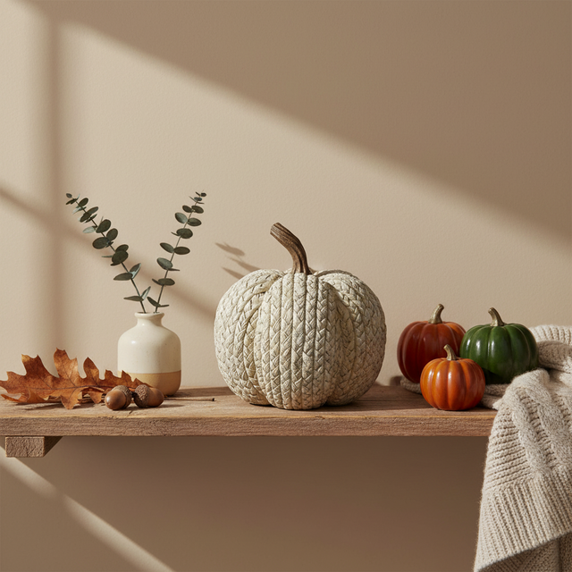 8.5" Antique Ivory Resin Rattan Weave Pumpkin