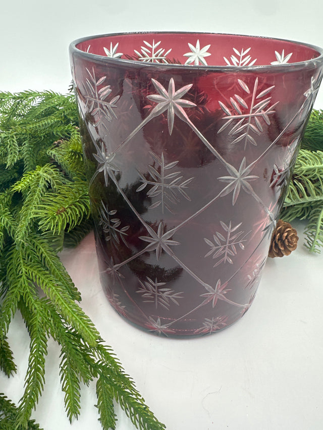 8" Cranberry Etched Glass Hurricane Vase