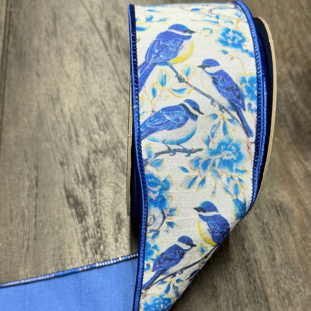 2.5"X10YDS Blue Bird Perched Deluxe Dupioni Backed Wired Edge Ribbon