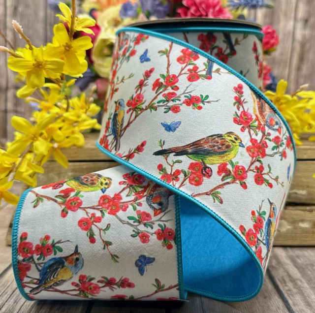 4" x 10YDS Spring Flowers & Bird Ribbon