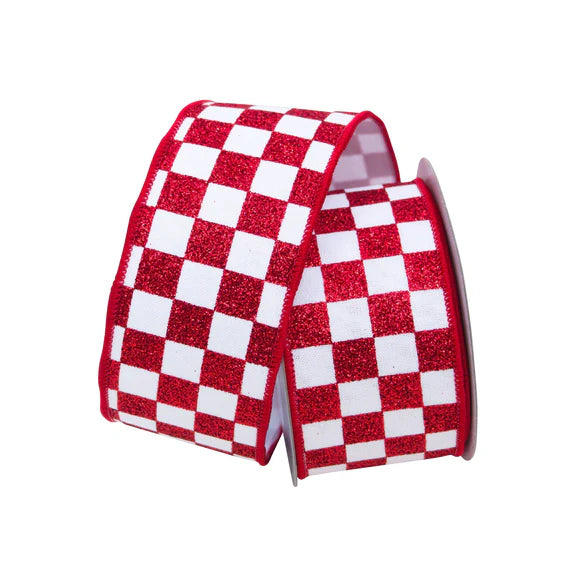 2.5"X10YD Red Glitter Checks Ribbon