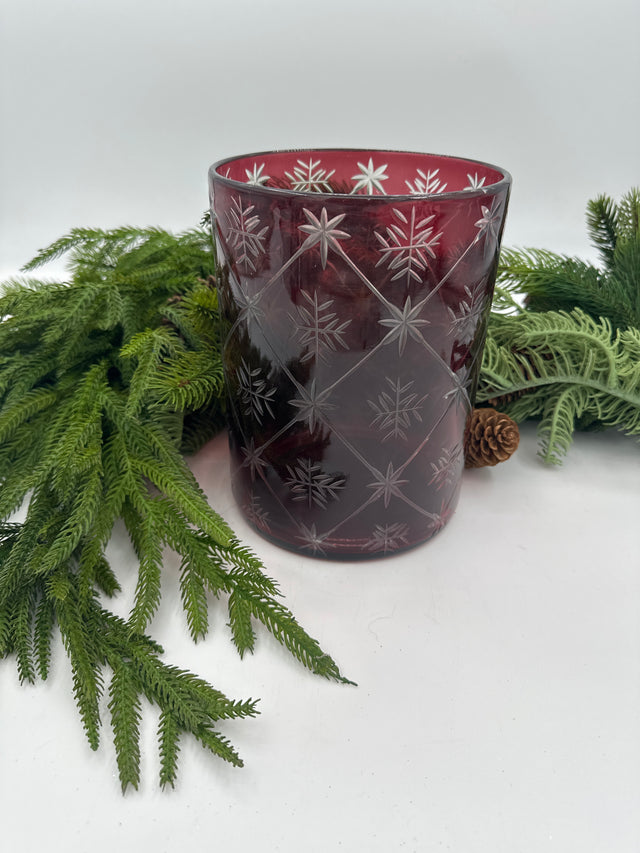 8" Cranberry Etched Glass Hurricane Vase