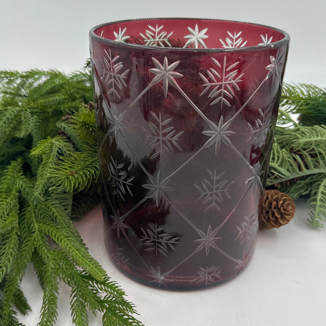 8" Cranberry Etched Glass Hurricane Vase