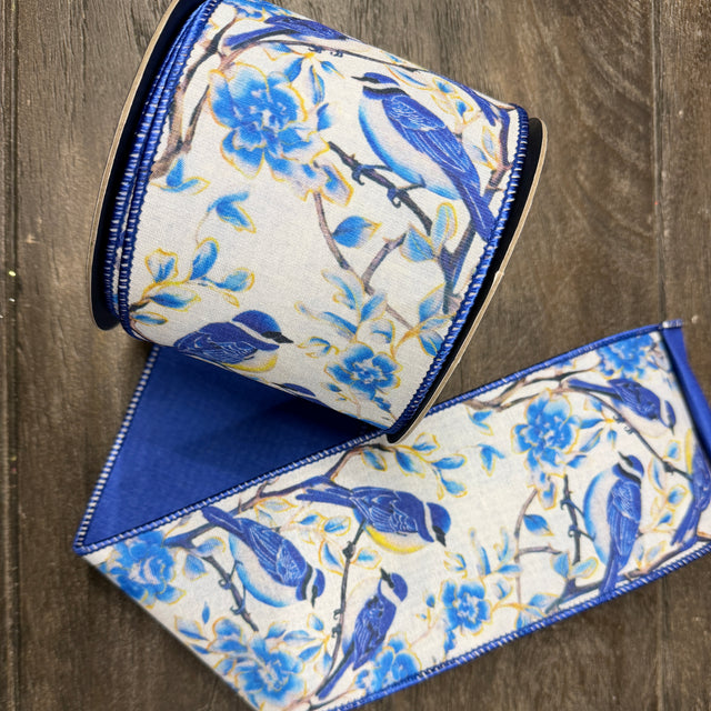 4"X10YDS Blue Bird Perched Deluxe Dupioni Backed Wired Edge Ribbon