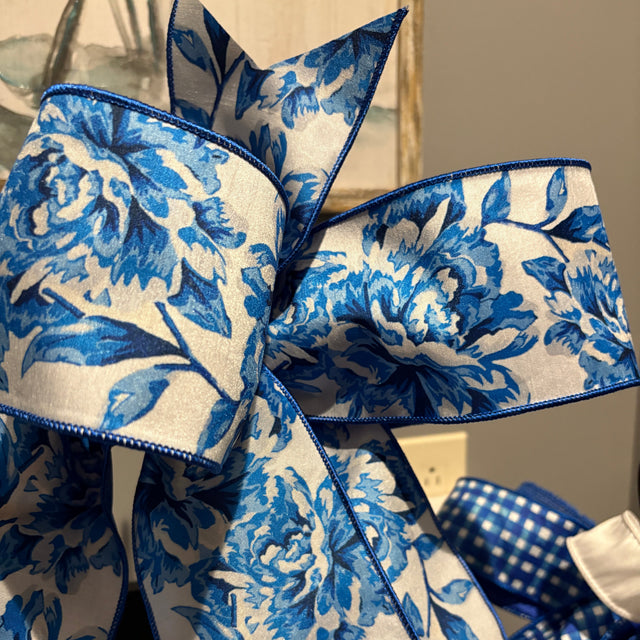 4"x10yd Blue and White Chinoiserie Peony Ribbon