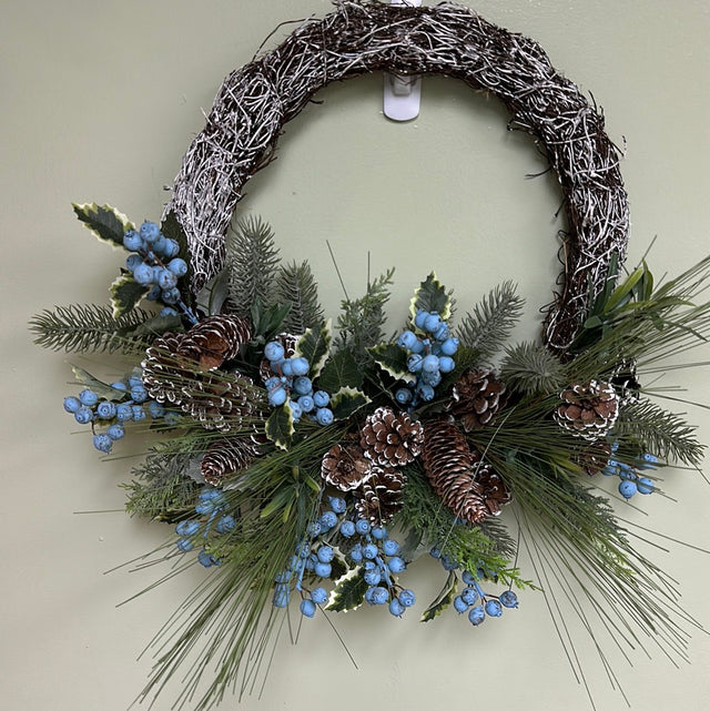 20" Blueberry and Snow Cypress/Cones Vine Designer Wreath