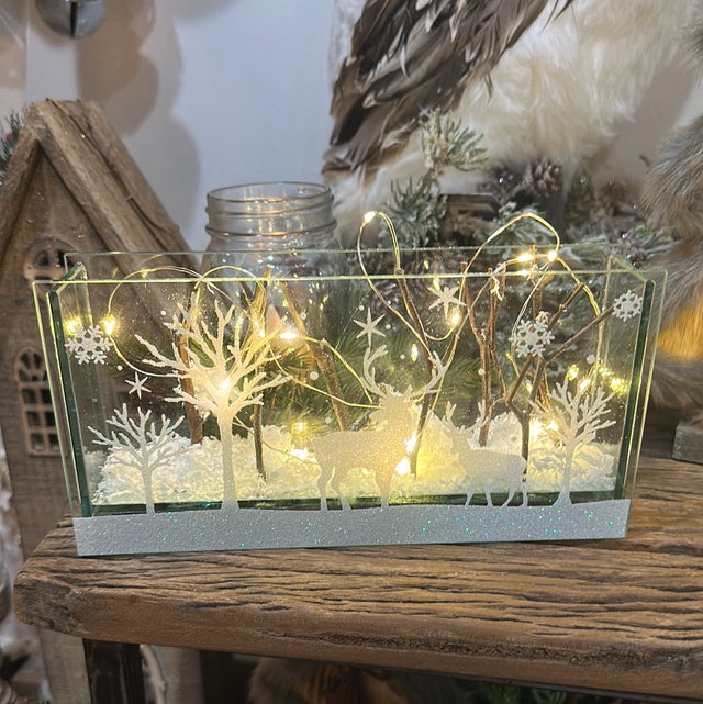 Large Glass Cube w/ Reindeer & Trees