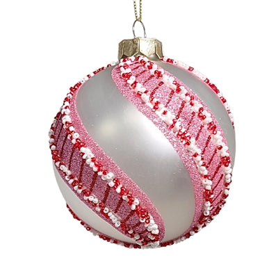 4"/5.25" Pearl Glass Ornament w/ Peppermint Stripe | Ball or Finial | Red/Pink/White