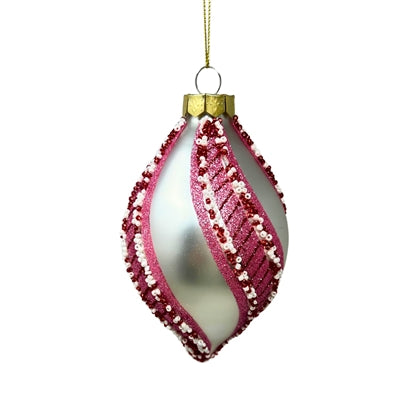 4"/5.25" Pearl Glass Ornament w/ Peppermint Stripe | Ball or Finial | Red/Pink/White