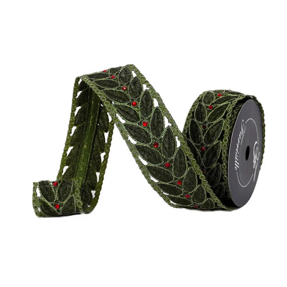 2.5" x 5YDS Laurel Leaf Lace Farrisilk Wired Ribbon | Olive Green, Red