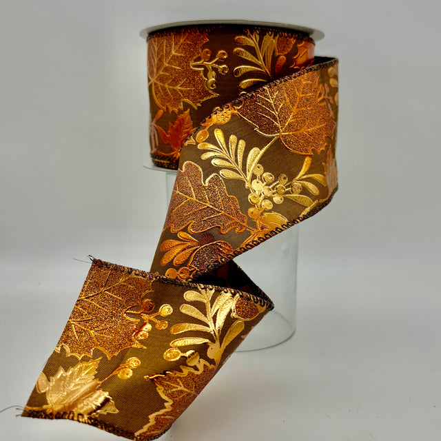 2.5"x10YDS Copper Leaves and Acorns Metal Wired Edge Ribbon
