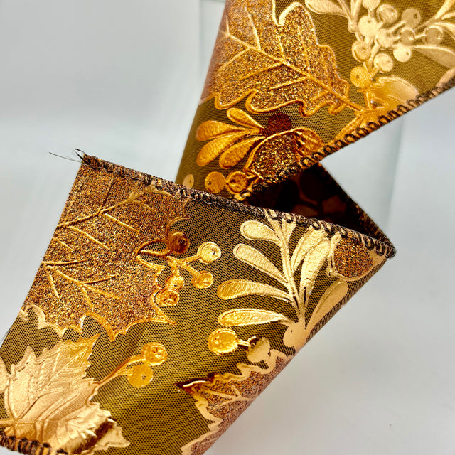 2.5"x10YDS Copper Leaves and Acorns Metal Wired Edge Ribbon