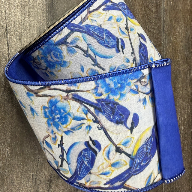 4"X10YDS Blue Bird Perched Deluxe Dupioni Backed Wired Edge Ribbon