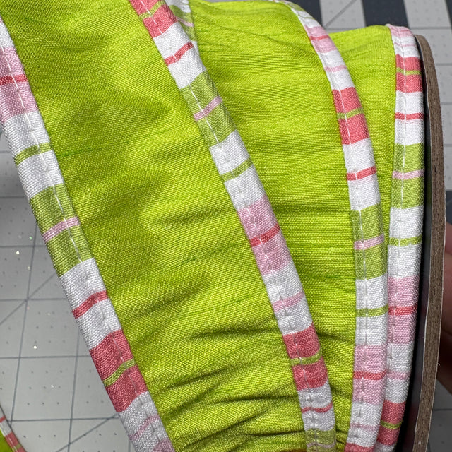 1.5" x 10YDS Faux Dupion Lime Green Ribbon w/Pink Stripe Trim