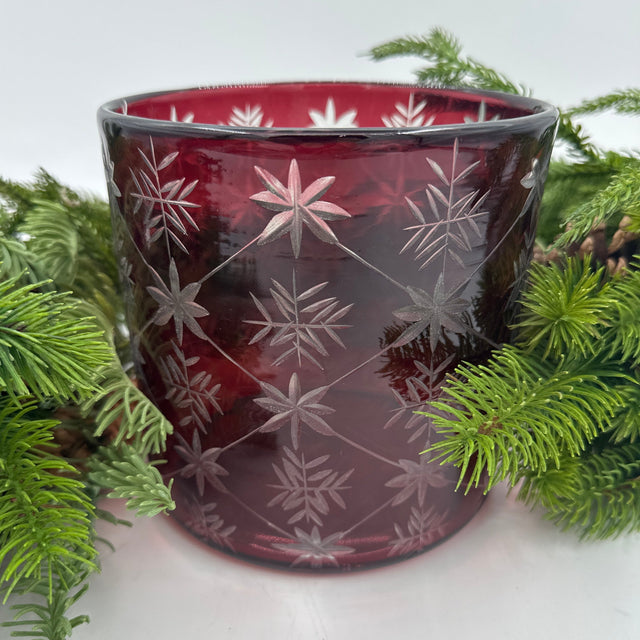 6" Cranberry Etched Glass Hurricane Vase