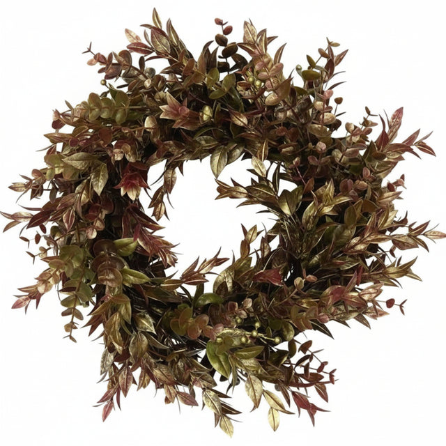 14" Golden Washed Ruscus Wreath with Gold, Green & Brown Accents