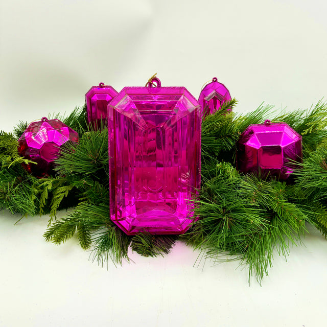 4"-5" Hot Pink Jewel Glitter Ornaments- Set of 4