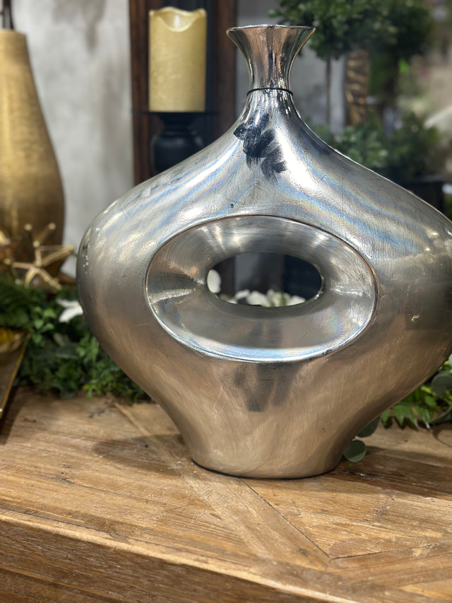 16" Contemporary Abstract Silver Plated Vase Polyresin