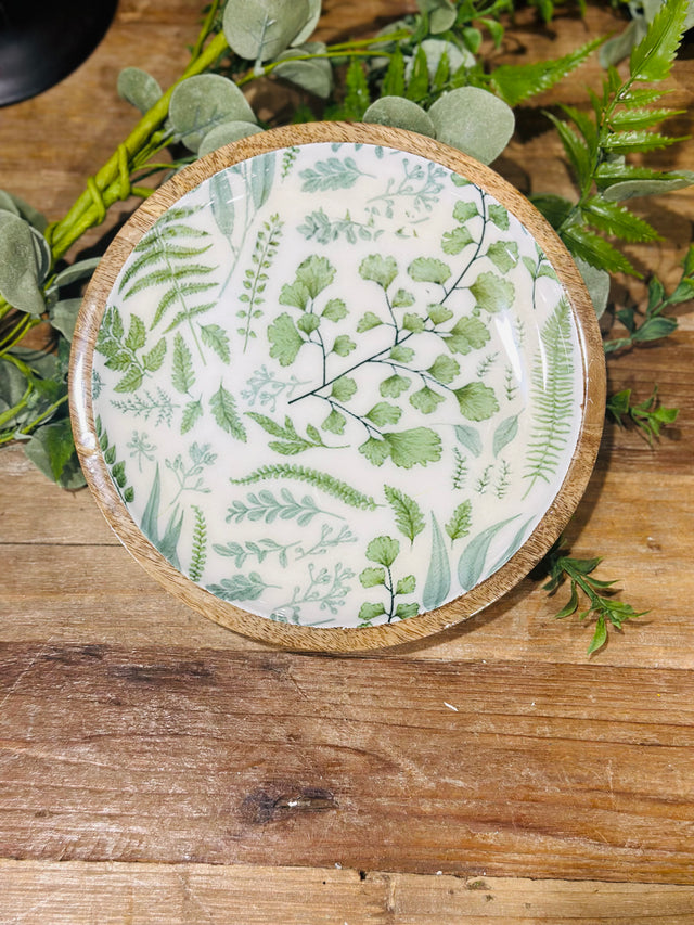 8” Wooden Plate With Fern Enamel Inside