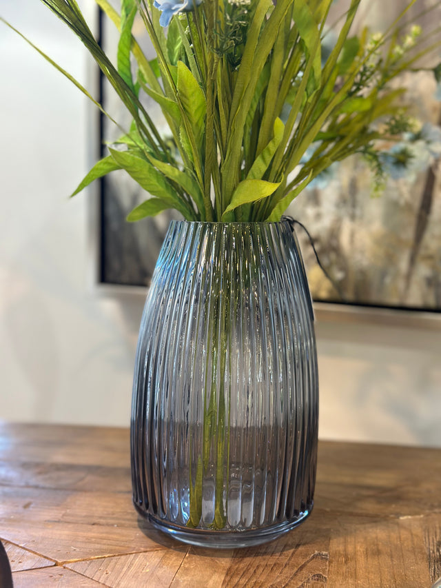 8.25” Ribbed Blue Gray Glass Vase